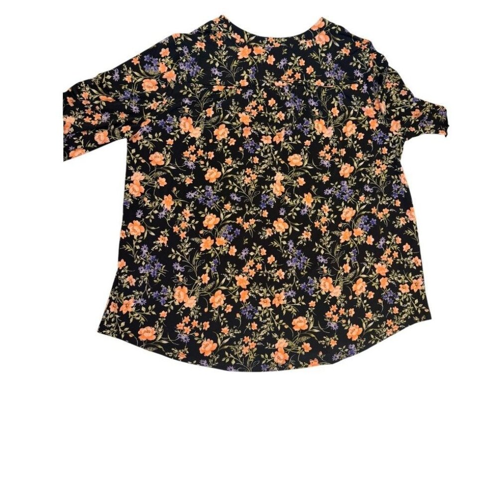Vince Camuto Floral Print Womens Blouse L Black Multicolor Polyester 3/4 Sleeve - Picture 3 of 6